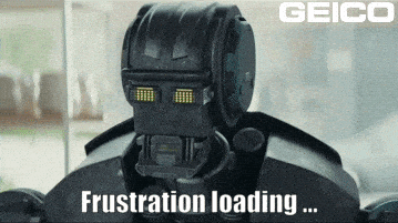 A robot sitting at the computer, text reads 'frustration loading,' the robot eventually slices through the computer with laser beams