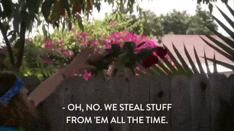 Blake from Workaholics saying, 'Oh no, we steal stuff from 'em all the time.'