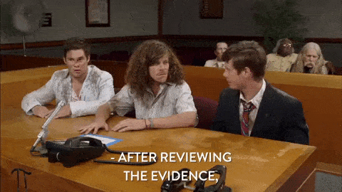 Blake, Adam and Anders from Workaholics sitting in a courtroom, a judge off screen says 'after reviewing the evidence, the court finds in favor of the plaintiffs'