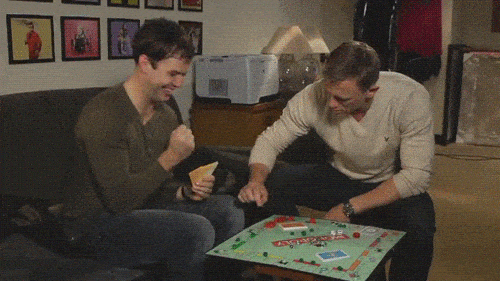 Daniel Craig playing Monopoly with Tarran Killam. Craig gets angry and flips the Monopoly board.