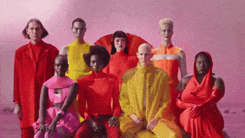Gif from the new Jaguar rebrand. Colorful characters look around, the text 'copy nothing' comes on screen