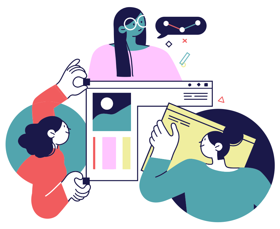 Illustration of people working together putting design elements in browser