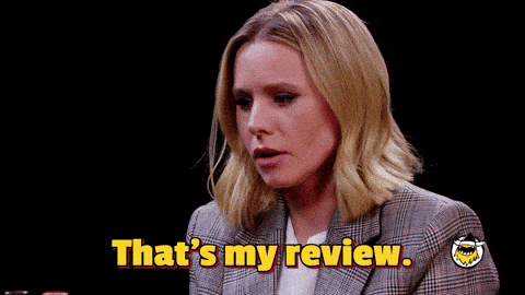 Kristen Bell saying 'That's my review. That's good. That's hot. Put it on the bottle.'