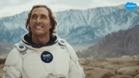 Matthew McConaughey wearing an astronaut suit from a Salesforce commercial