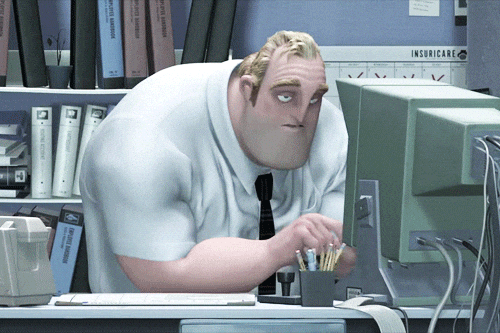 Mr. Incredible typing at his computer, bored