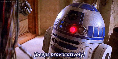 R2D2 with text that says 'beeps provocatively'