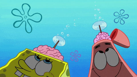 Spongebob and Patrick with their heads cut open and their brains flying out