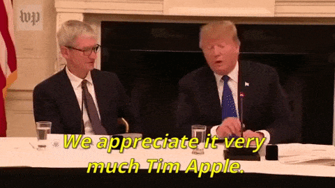 Trump saying, 'We appreciate it very much, Tim Apple,' to Tim Cook