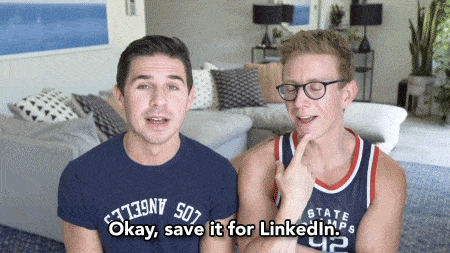 Tyler Oakley talking to a man saying, 'Save it for LinkedIn.'