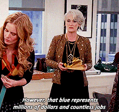 Scene from The Devil Wears Prada where Meryl Streep's character is talking, saying, 'However, that blue represents millions of dollars and countless jobs...' 