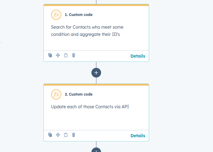 A workflow with two sequential custom code steps: the first searches for contacts meeting certain conditions and aggregates their IDs, while the second updates those contacts via API. The workflow steps are connected with plus icons indicating the sequential flow between actions.