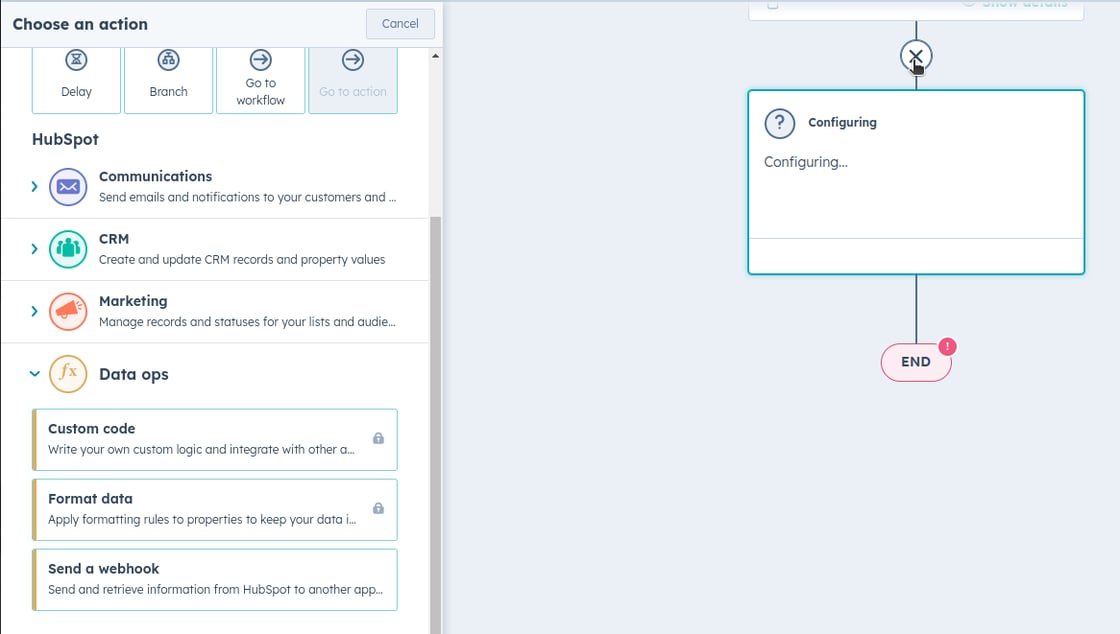 screenshot of hubspot's workflow builder focusing on the data ops custom code section