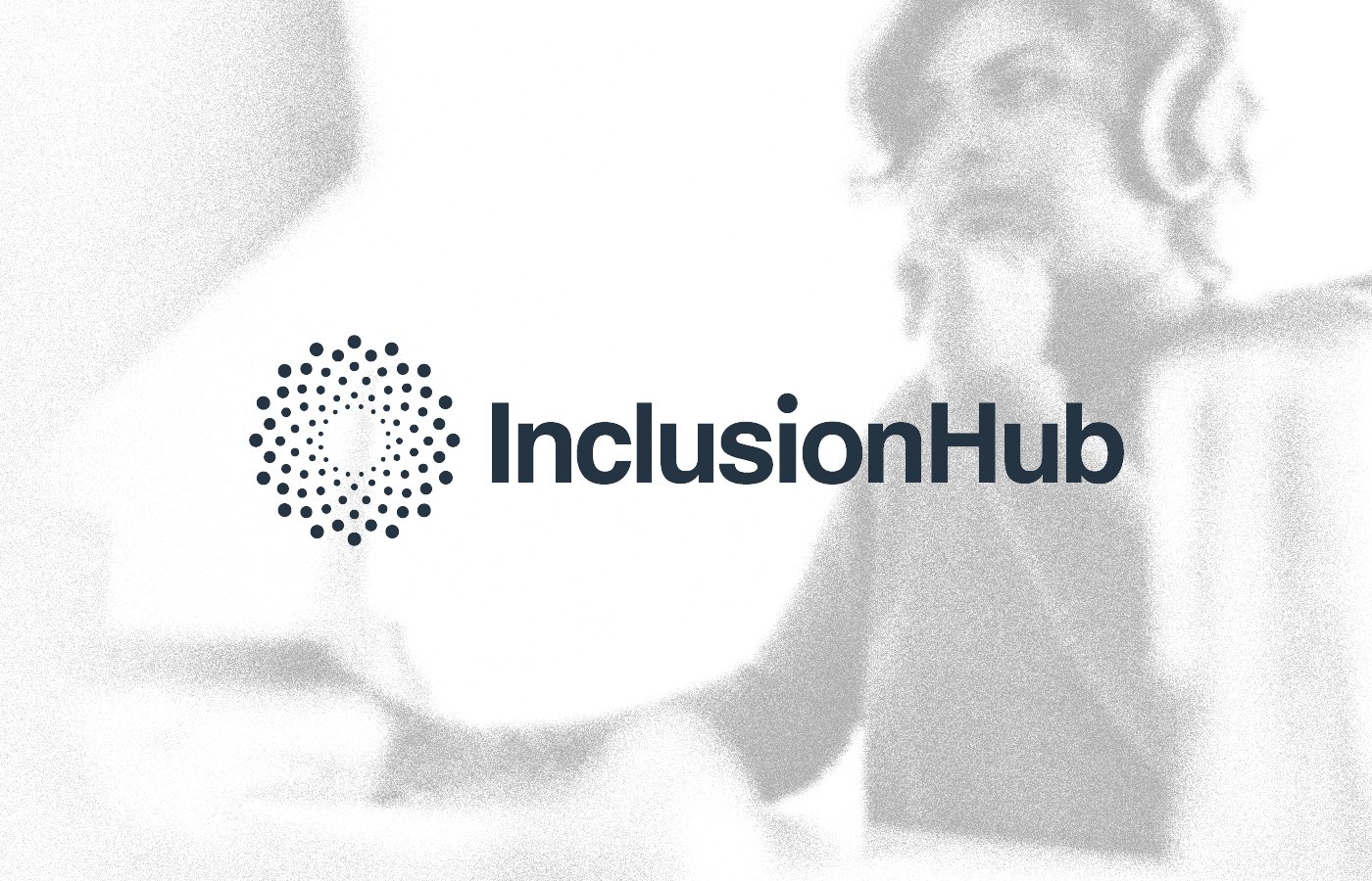 InclusionHub Logo on Grainy background of woman using computer