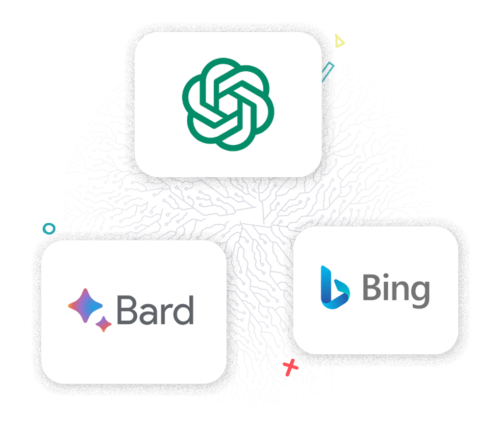 Logos of OpenAI, Bard and Bing