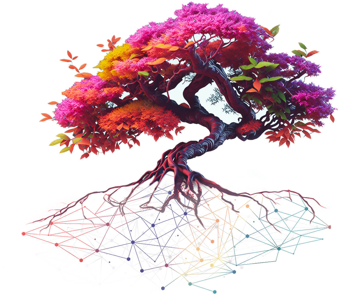 Multicolored tree with roots that turn into colorful tech-like line dots