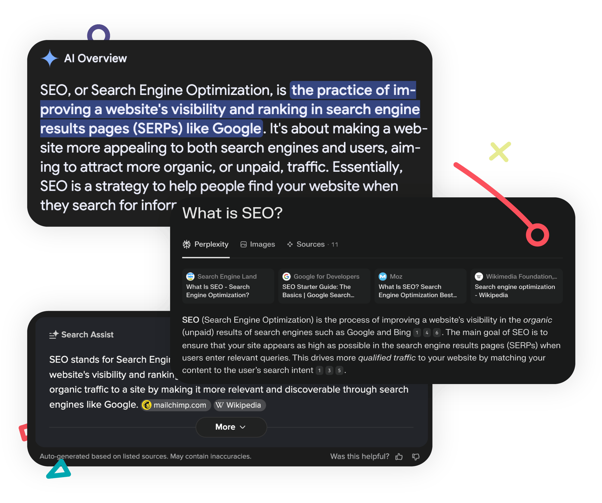 AI search result examples from Google, Perplexity, and DuckDuckGo.