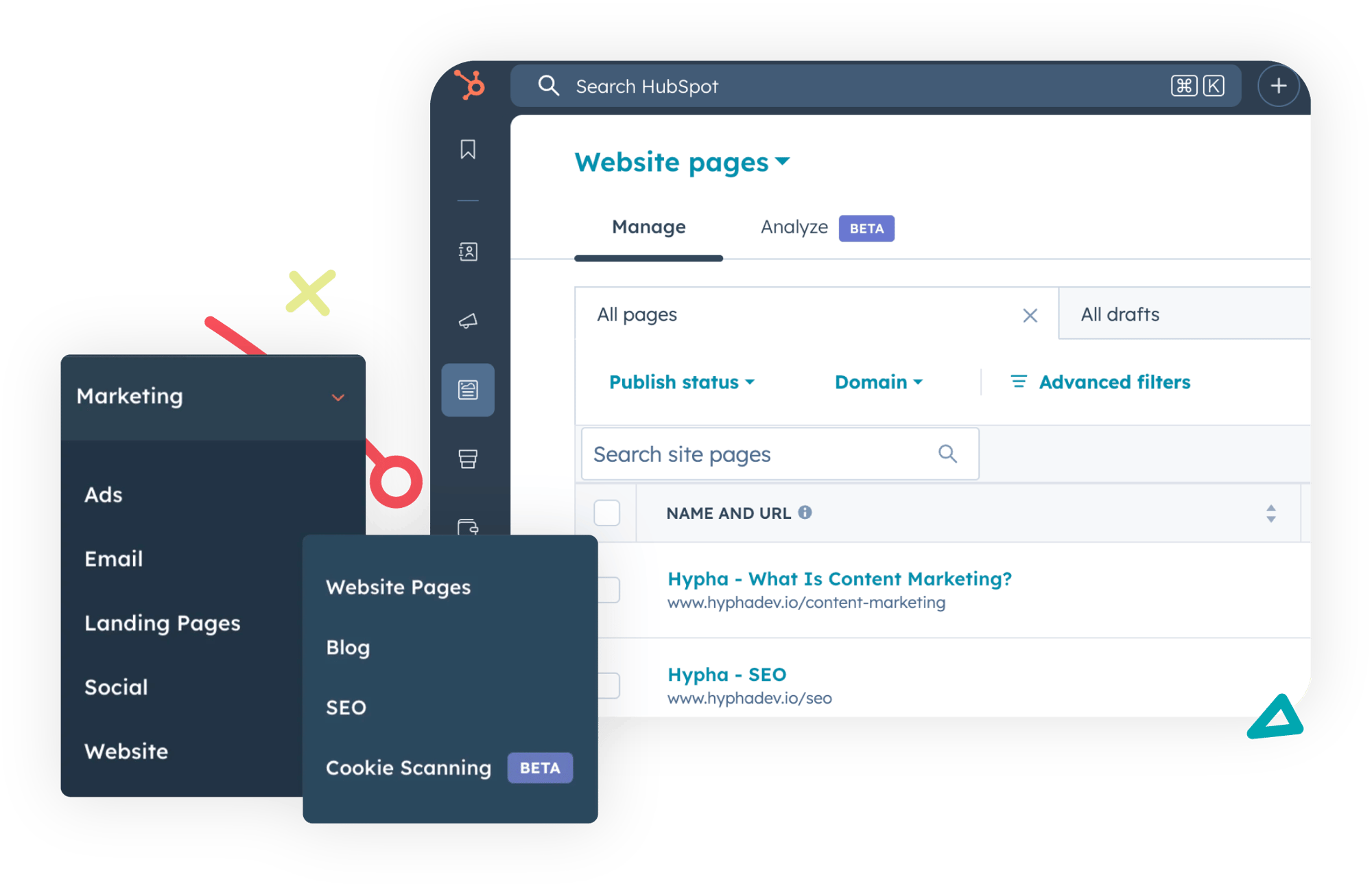 HubSpot website pages management interface showing content marketing and SEO page listings with navigation menu visible.