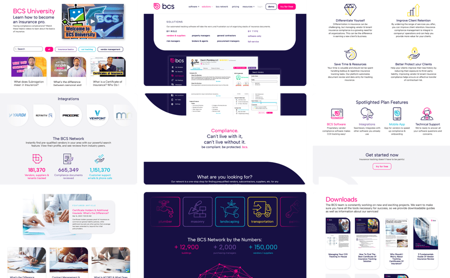 Various screenshots of bcs website