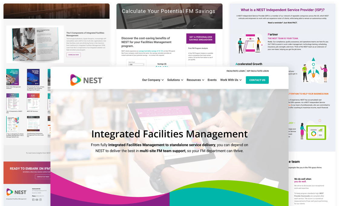 Various screenshots of the NEST website.