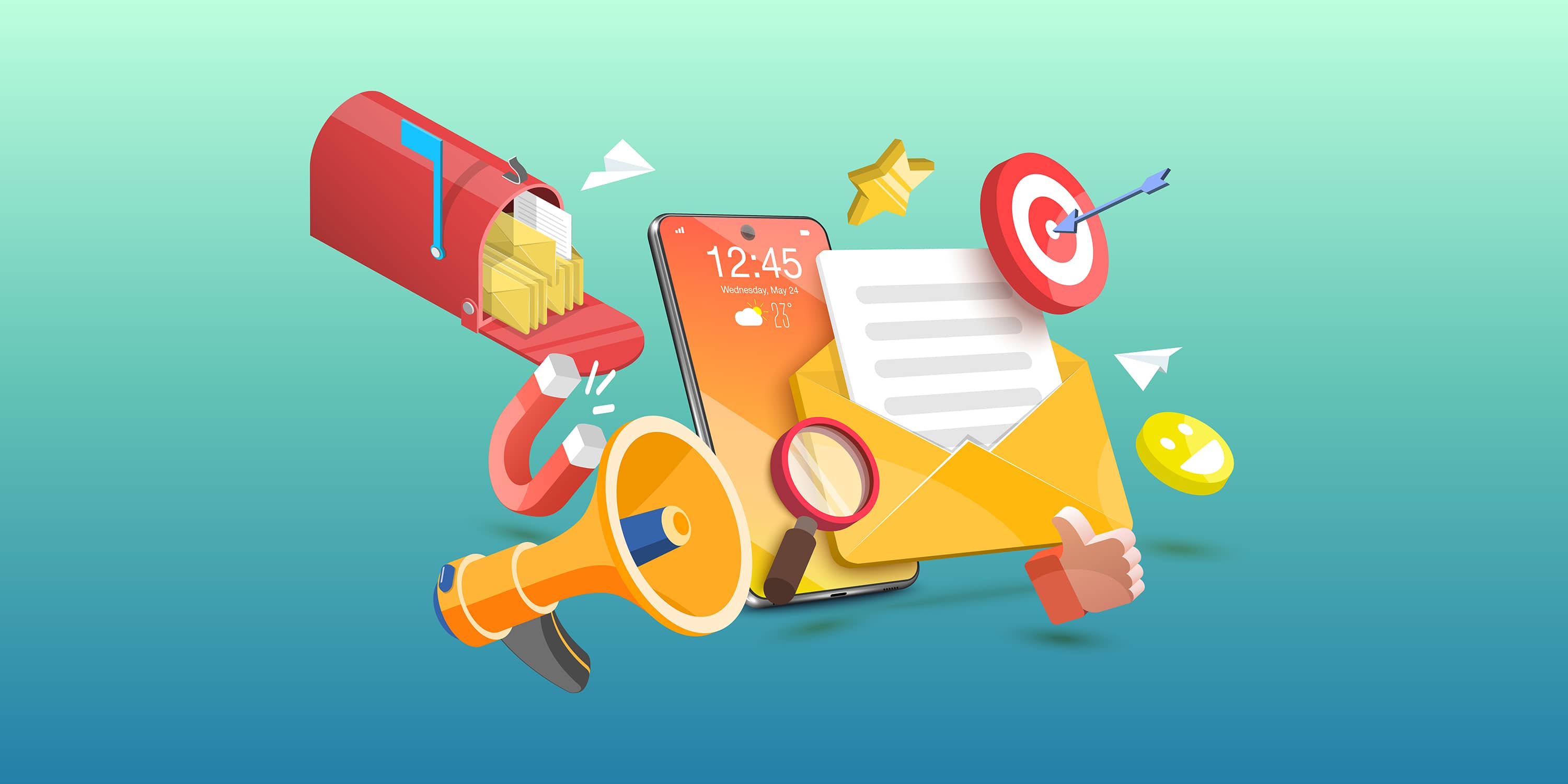 Email marketing illustration; an email icon is surrounded by a thumbs up, magnet, paper airplane, mailbox and stars.