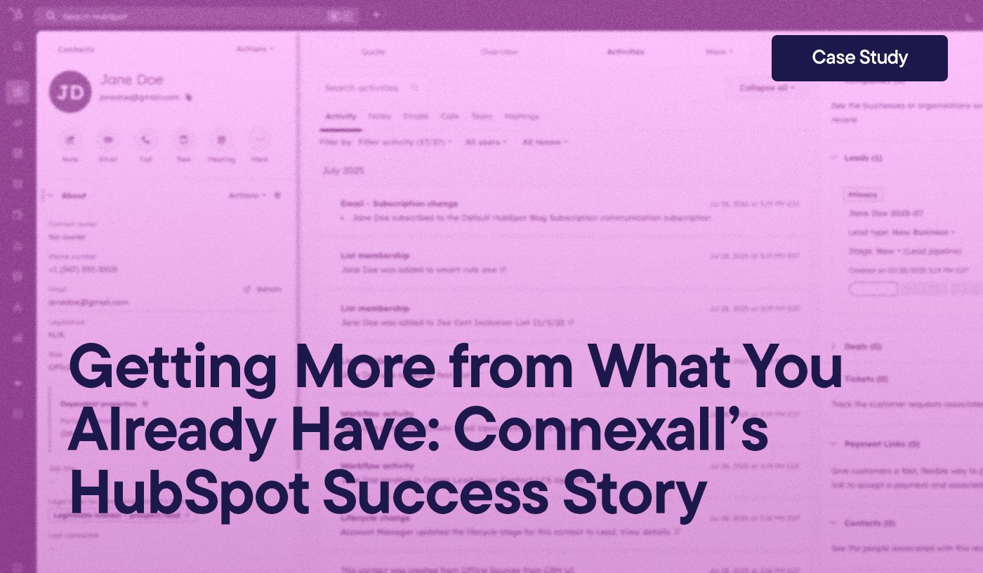 Getting More from What You Already Have: Connexall’s HubSpot Success Story. The background is a screenshot of a test contact record overview in HubSpot.