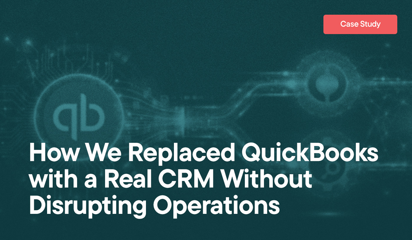 How We Replaced QuickBooks with a Real CRM Without Disrupting Operations overlayed over an abstract representation of a migration from QuickBooks to HubSpot and Fishbowl Inventory.