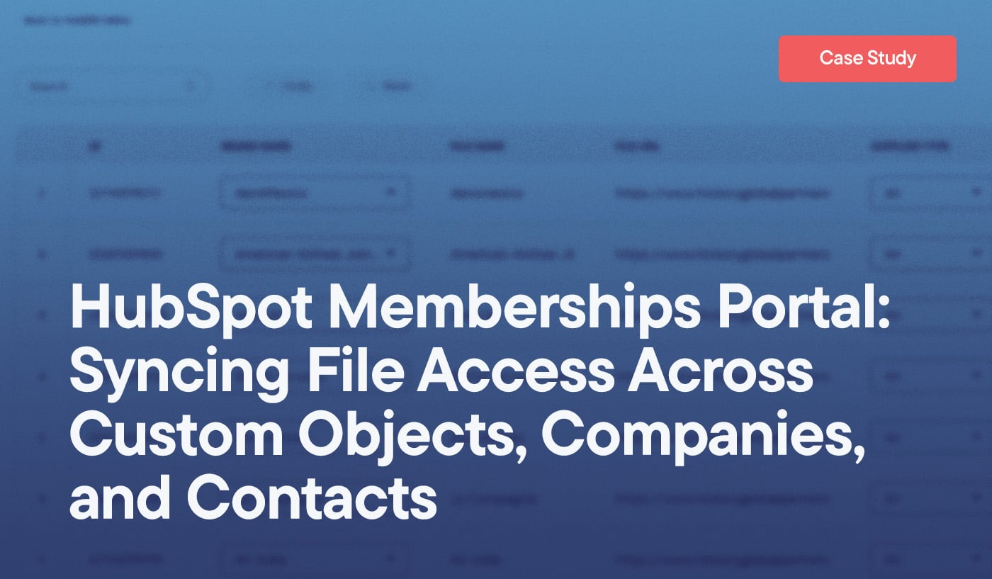 HubSpot Memberships Portal: Syncing File Access Across Custom Objects, Companies, and Contacts overlayed on an obscured screenshot of a HubDB table