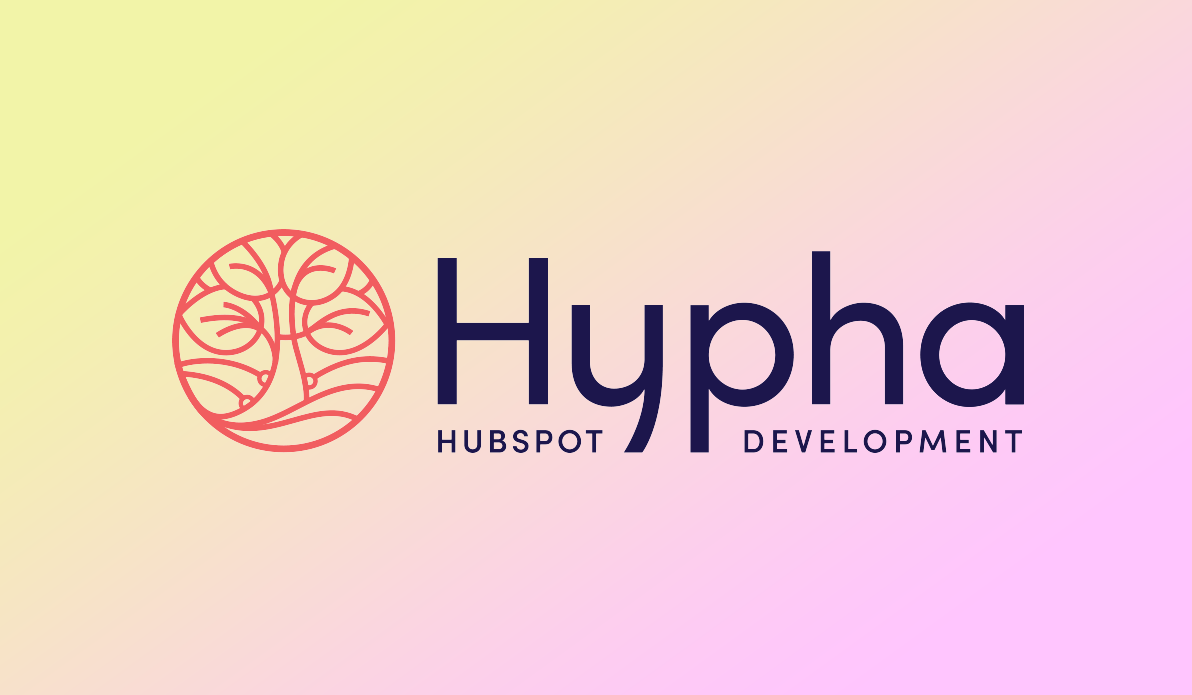 Hypha HubSpot Development logo on a pink and yellow gradient background.