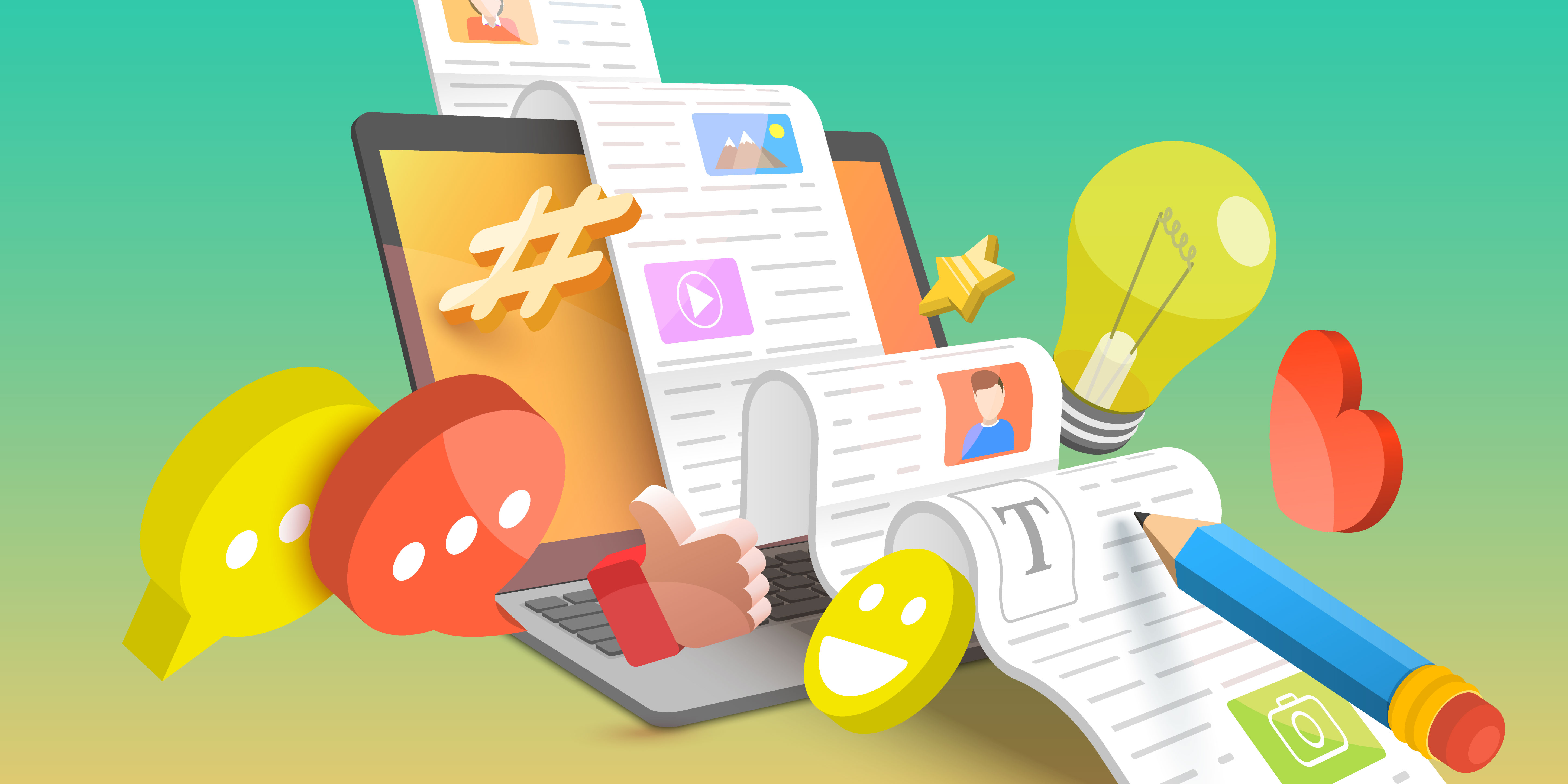 Illustration of a computer with a text document coming out of the screen. Scattered around is a pencil, lightbulb, heart, social media like icon, smiley face and text bubbles. The objects together represent inbound marketing.