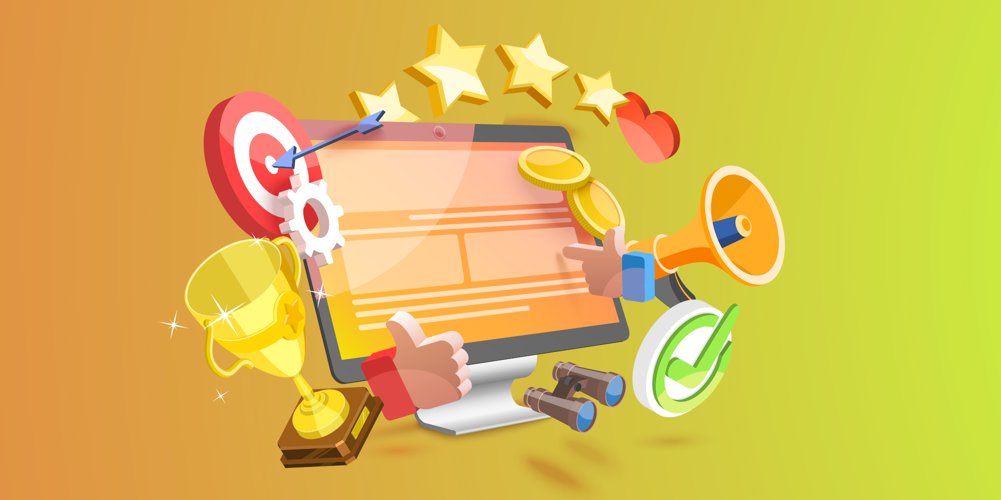 Illustration of mac with design wireframes and icons of stars, target, trophy, thumbs up and coins floating around