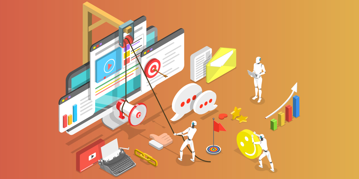 Illustration of artificial intelligence creating and distributing web content with a typewriter megaphone and computer.