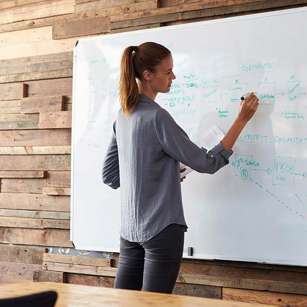 Woman writing on dry erase board