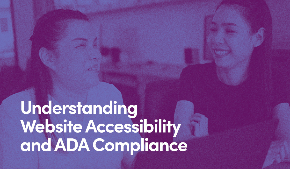 Two girls are sitting at a computer, one is blind and using a screen reader. Text overlay says 'Understanding  Website Accessibility and ADA Compliance'