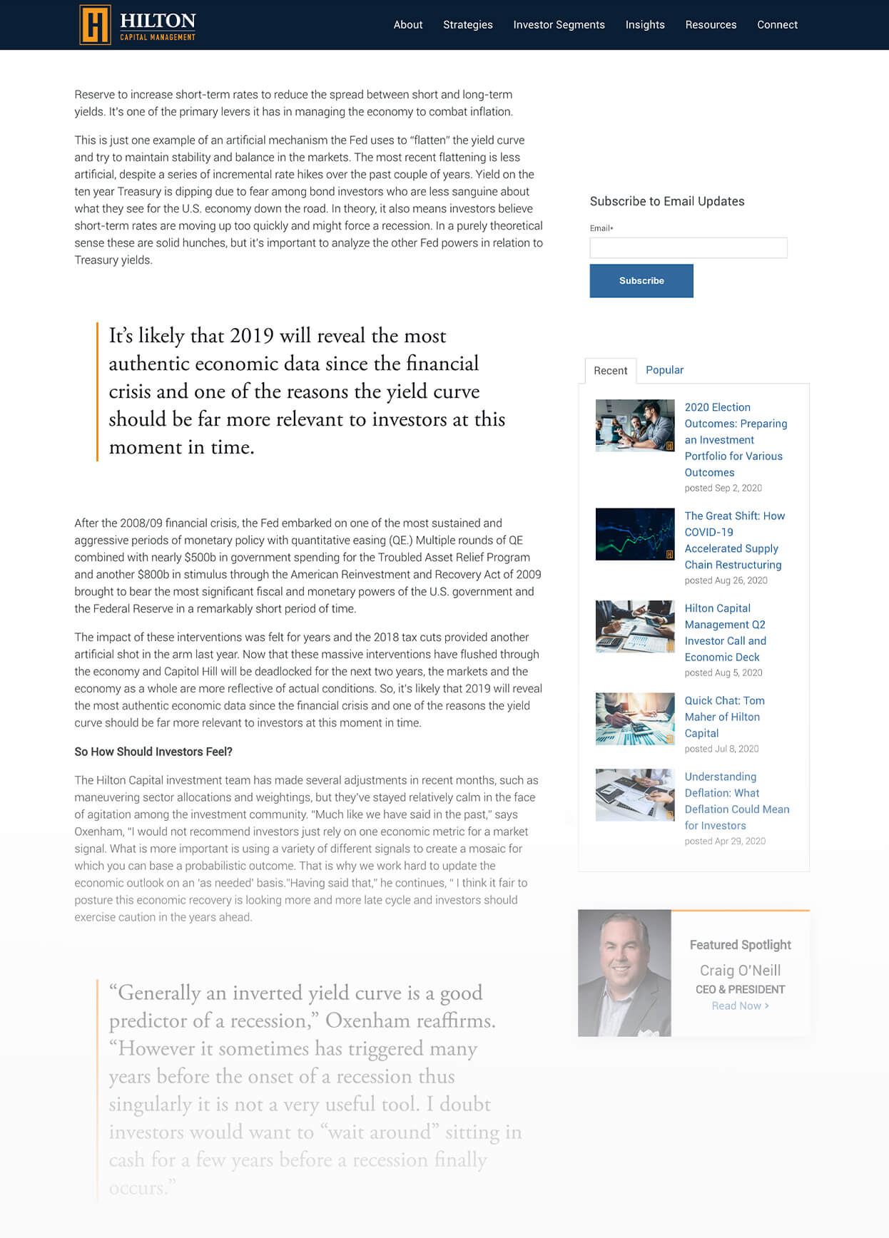 Screenshot of Hilton Capital Management Dissecting the Importance of the Yield Curve Pillar Page 2