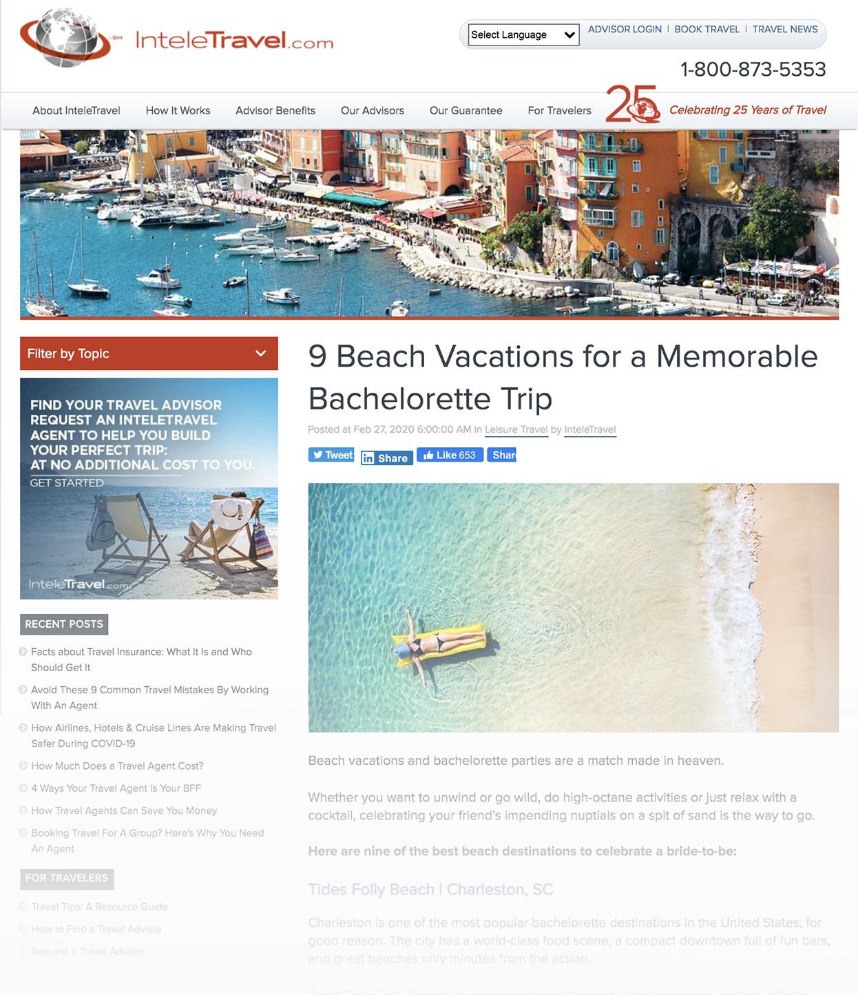 Screenchot of InteleTravel Blog Called 9 Beach Vacations for a Memorable Bachelorette Trip-1