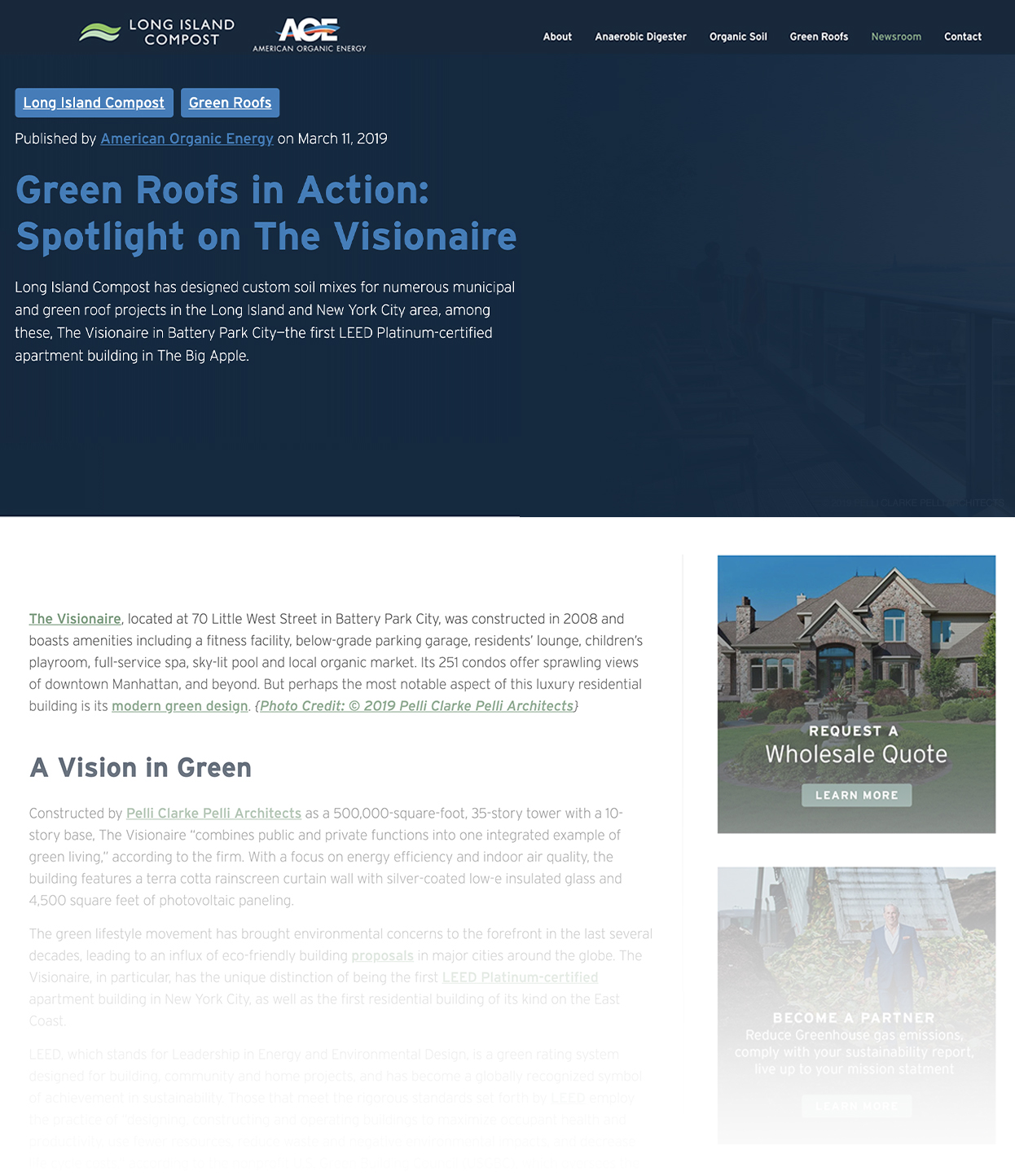 Screenshot of American Organic Energy Blog Called Green Roofs in Action Spotlight on The Visionaire 