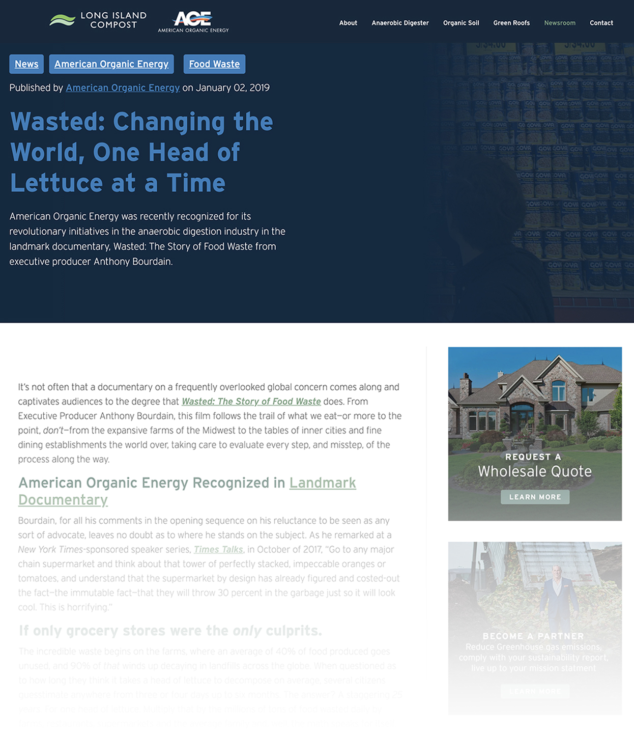 Screenshot of American Organic Energy Blog Called Wasted-Changing the World, One Head of Lettuce at a Time