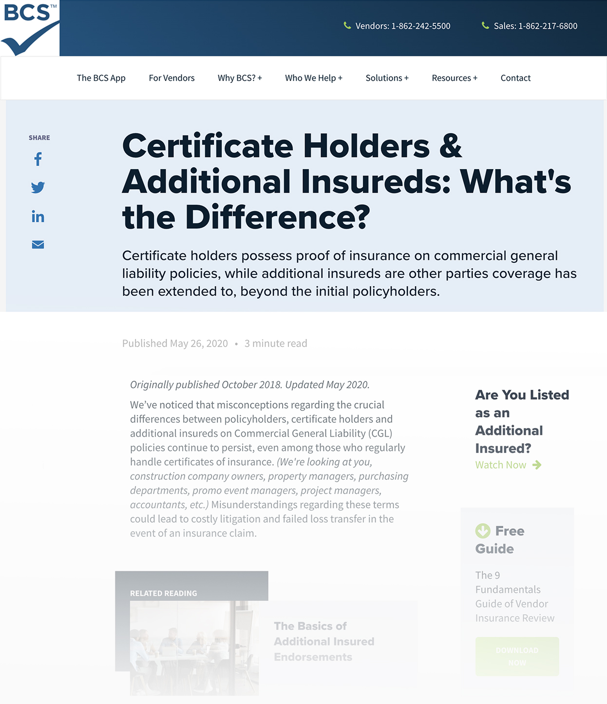 Screenshot of BCS Blog Called Certificate Holders & Additional Insureds- Whats the Difference?