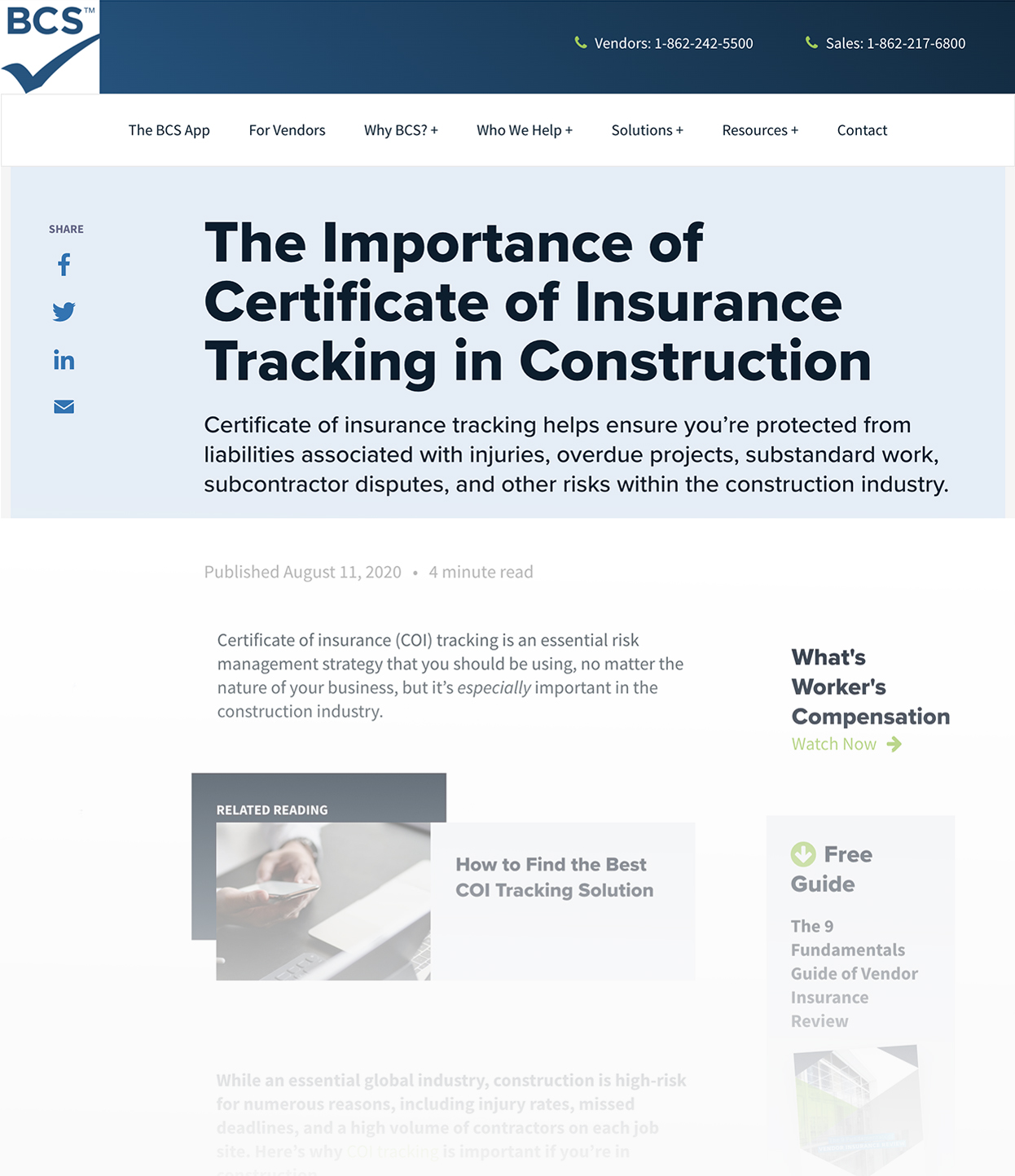 Screenshot of BCS Blog Called The Importance of Certificate of Insurance Tracking in Construction