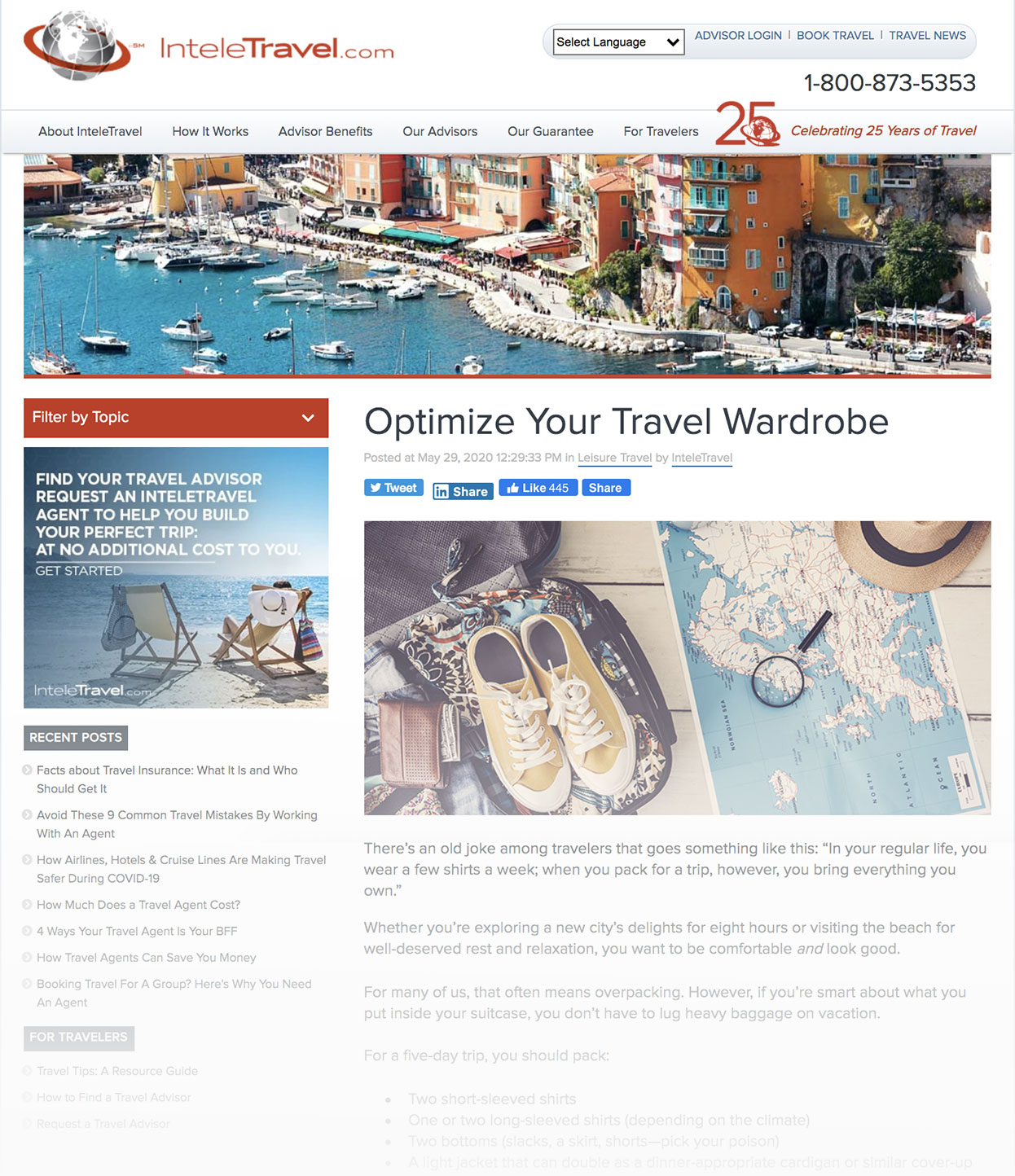 Screenshot of InteleTravel Blog Called Optimize Your Travel Wardrobe