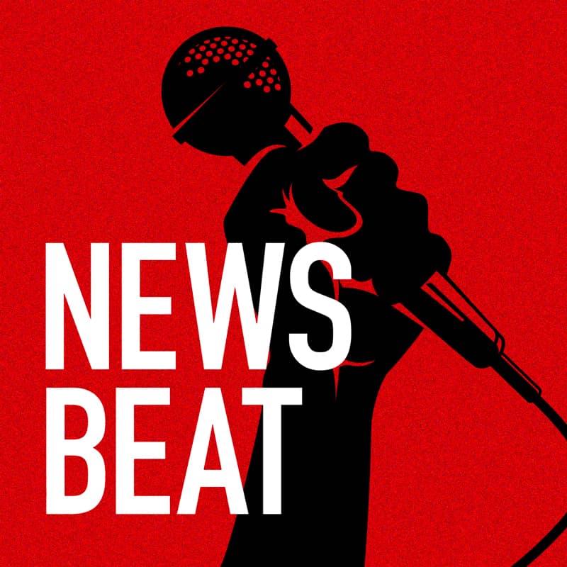 News Beat logo on red background with silhouette of mic and strong hand