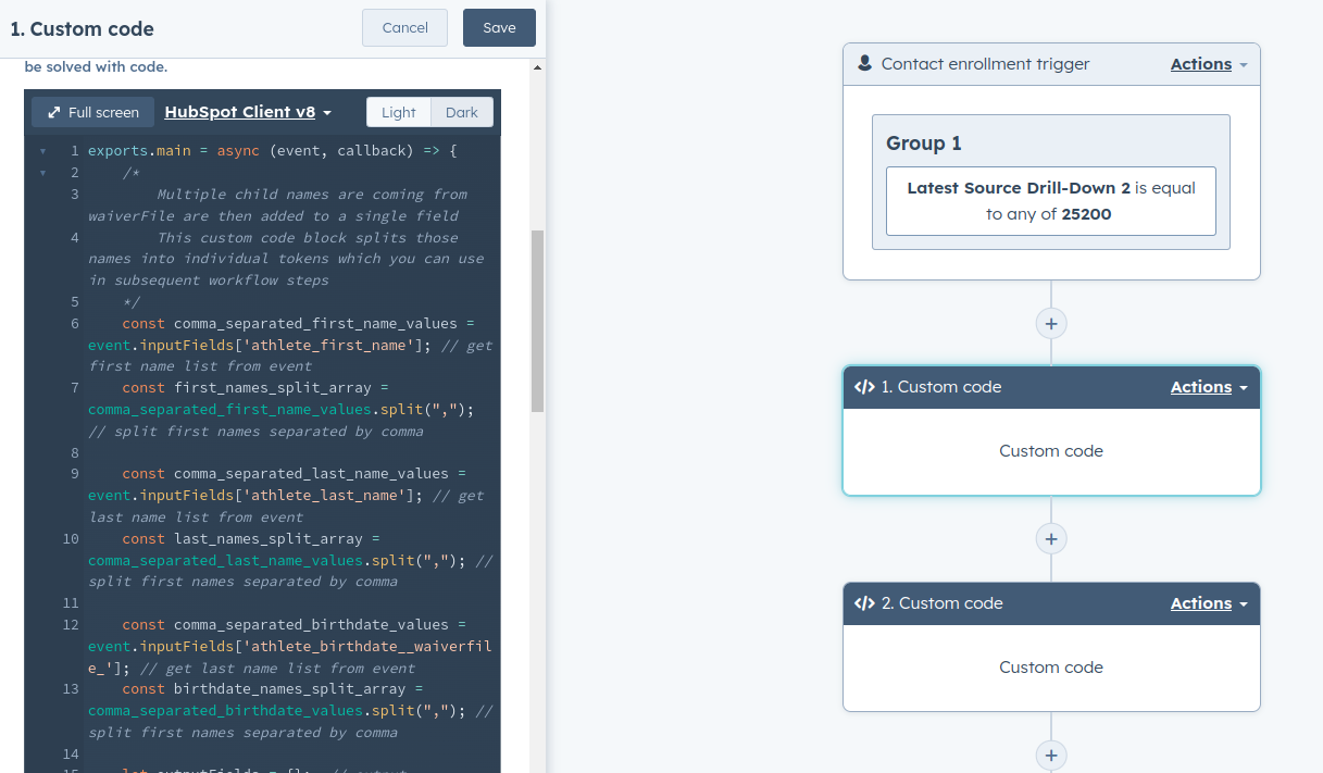 screenshot of custom coded action in hubspot workflow tool