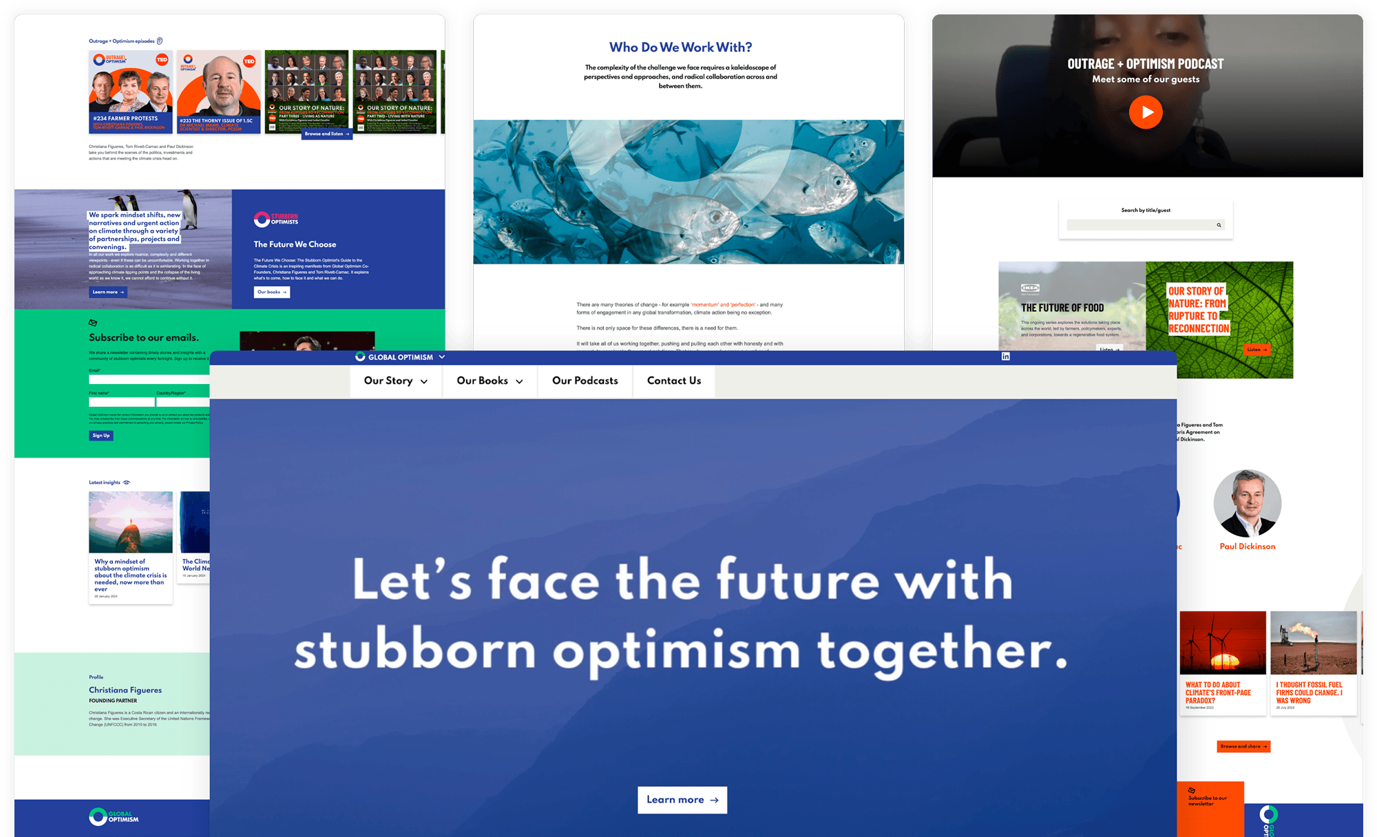 various screenshots of images from Global Optimism website